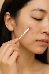 東アジア人女性の頬で白ニキビを消毒綿棒でタッチするクローズアップ 自然光 リアルな肌質 スキンケア