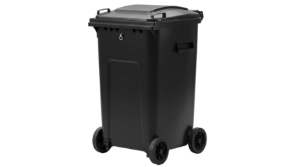 Black outdoor garbage bin with wheels isolated on white background, perfect for waste management and recycling