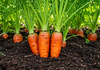 Vibrant Organic Carrots Growing in Rich Garden Soil Under Natural Sunlight