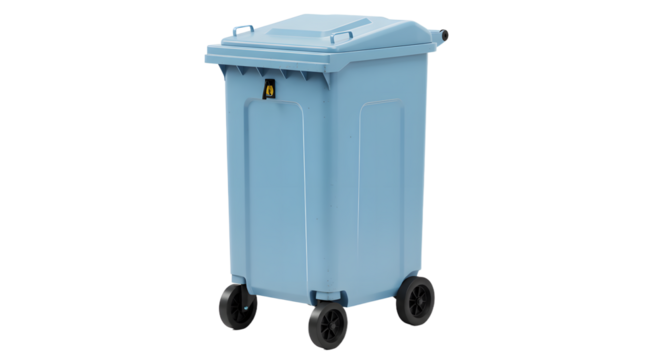 Blue wheeled trash bin isolated on white background, modern waste container for recycling and garbage disposal