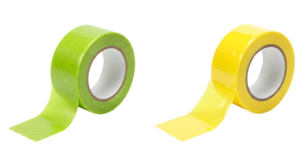 Green and yellow adhesive tape rolls isolated on white background, perfect for crafting and packaging projects