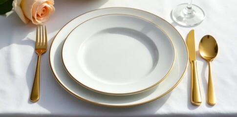 Elegant place setting, white linen, gold cutlery, napkin, centerpiece