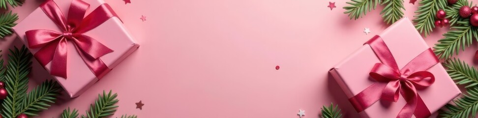 Elegant pink Christmas presents, greenery, holiday design , winter, christmas