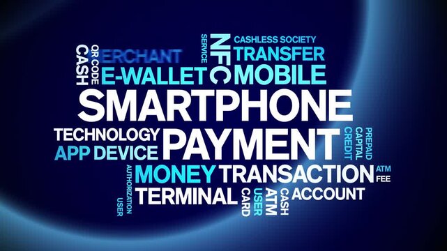 Smartphone Payment animated word cloud-text design animation tag kinetic typography seamless loop.