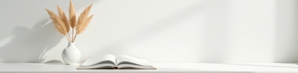 Empty white magazine mockup, vase, dried grass Minimalist aesthetic , aesthetic, vase