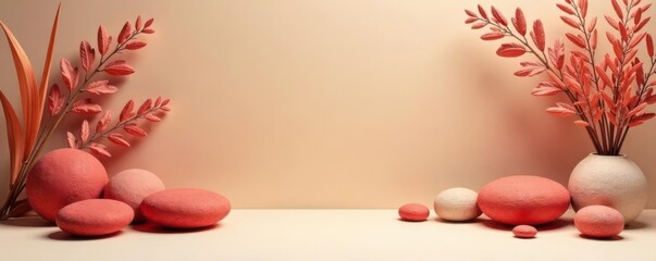 Empty space on beige table Red stones and dried plants , mockup, texture