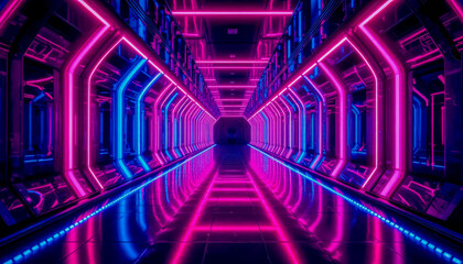 A mesmerizing perspective of a neon-lit tunnel with a futuristic design, featuring pink and blue lights reflecting on a glossy surface, creating a vibrant atmosphere.