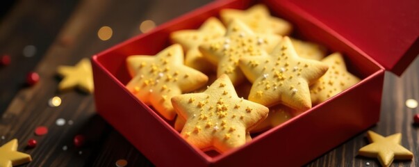 Golden star cookies, tightly packed in a festive box , baking, box