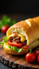 Juicy fillings overflow from a freshly baked sub roll , appetizer, meal, foodie