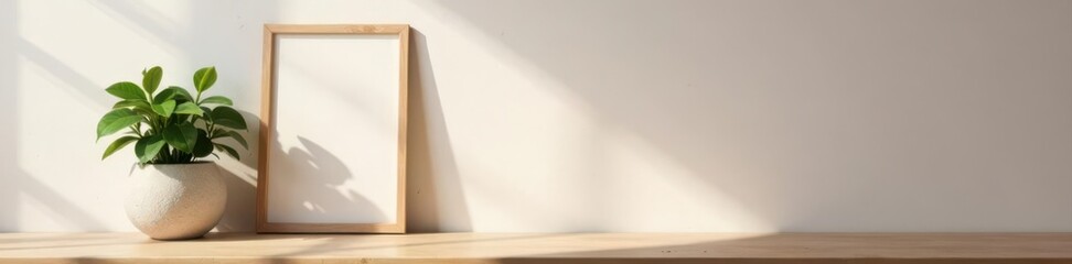 Leaning wooden frame against wall, small plant beside, tabletop scene, still life, wooden