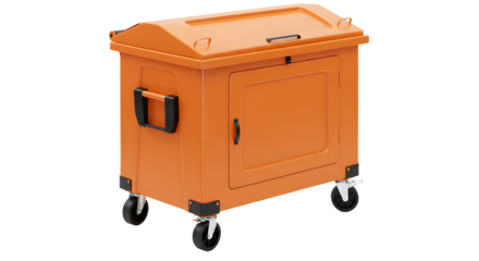 Orange industrial rolling storage cabinet with lockable door and handles, isolated on white background