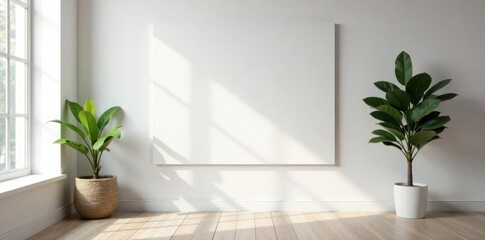 Large blank poster on textured wall, minimalist room, simple, home, white