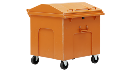 Orange industrial dumpster on wheels isolated on white background, perfect for waste management and construction sites