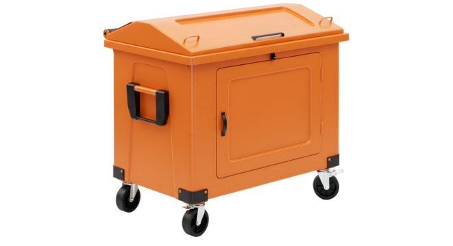 Orange industrial rolling storage cabinet with lockable door and handles, isolated on white background