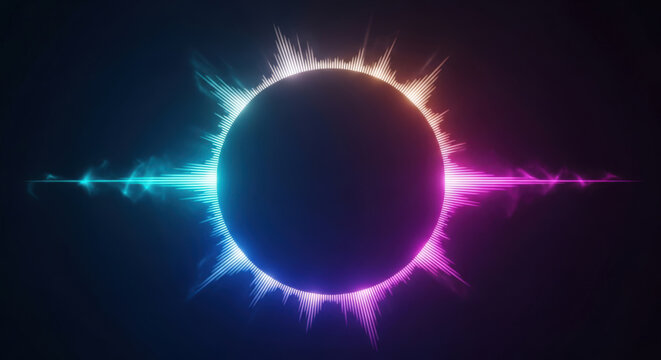 Abstract Audio Spectrum Visualizer with Vibrant Neon Colors and Circular Centerpiece for Dynamic Sound Representation and Modern Technology Aesthetics