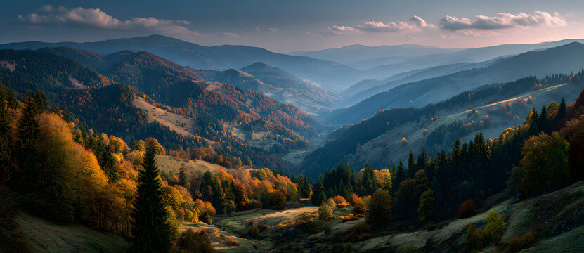 A breathtaking panoramic view of a mountain range in the Carpathian Mountains during a hazy autumn sunset, with vibrant fall foliage on the hillsides illuminated by the warm, golden light.