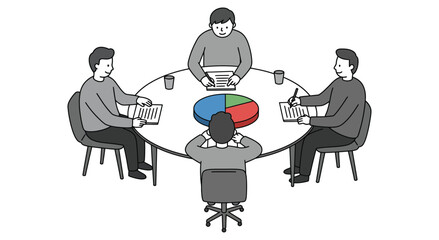 Business meeting illustration with people around a table discussing a pie chart in a minimalist vector style