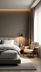 Sleek double bed, arched floor lamp, modern armchair in minimalist bedroom, serene, armchair