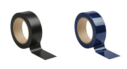 Black and blue electrical insulation tape rolls isolated on white background, perfect for repair and wiring projects