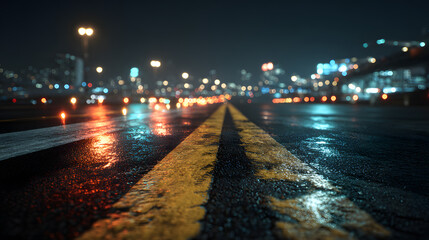 Obraz premium Close-up of runway lights with soft halo glow, polished tarmac reflecting colors, airport structures blurred in background, cinematic nighttime feel