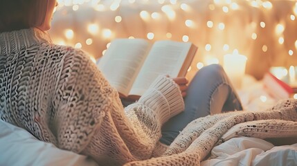 Warm winter nights, the girl reads books under the lights