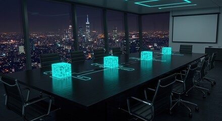 High-tech corporate meeting room with glowing digital cubes on the table and a panoramic nighttime view of a modern city skyline