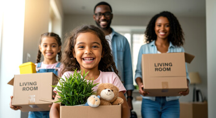 Happy African-American Family Moving into New Home with Cardboard Boxes