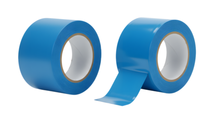 Two blue adhesive packing tapes isolated on white background, one roll with loose tape end, perfect for packaging and shipping
