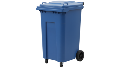 Blue outdoor wheeled trash bin isolated on white background, waste container for recycling and garbage collection