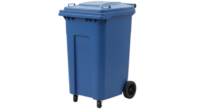 Blue outdoor wheeled trash bin isolated on white background, waste container for recycling and garbage collection