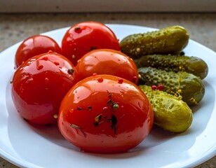 Pickled Tomatoes and Cucumbers on a Plate.