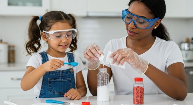 Adult woman and little girl doing a science experiment with powders in bottles at home
