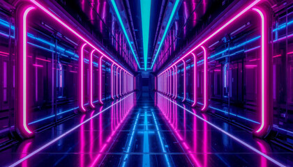 A mesmerizing perspective of a futuristic corridor bathed in vibrant neon lights, creating a sense of depth and wonder.