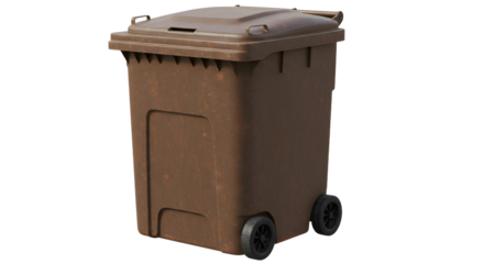 Brown outdoor garbage bin with wheels isolated on white background, waste management container, trash can for yard cleanup