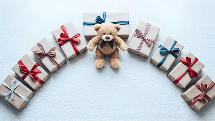 Fototapeta premium A teddy bear sits surrounded by wrapped gifts tied with colorful ribbons, arranged in a semi-circle on a light surface.