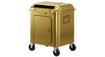 Gold metal waste bin on wheels with handle and door for indoor use, modern design and durable garbage container suitable for office and home
