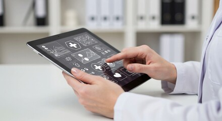 Modern healthcare: A doctor interacts with a digital tablet displaying health data, symbolizing modern healthcare practices and technology.