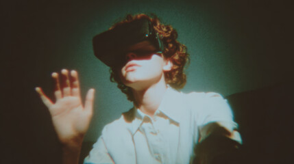 A young caucasian male with curly hair explores virtual reality, wearing a VR headset while reaching out with his hand, immersed in an engaging digital experience