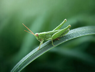 Crisp, detailed closeup of a vibrant green grasshopper perched on a dewkissed leaf. Represents natures beauty, growth, and fresh beginnings. Perfect for environmental themes.