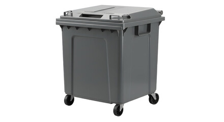 Gray industrial mobile waste container with wheels and lid isolated on white background, perfect for waste management and recycling