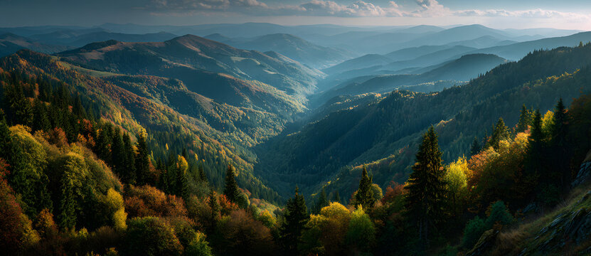 A breathtaking panoramic view of a mountain range in the Carpathian Mountains during a hazy autumn sunset, with vibrant fall foliage on the hillsides illuminated by the warm, golden light.