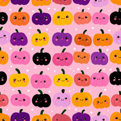 Fototapeta premium Cute colorful kawaii pumpkin pattern background. Cartoon autumn squash with happy face. Simple Halloween fall season holiday design.