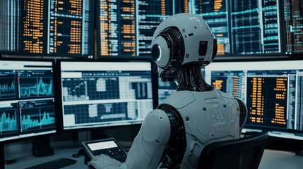 Ai robot data analyst is working late into the night, analyzing data on computer screens