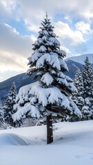 Fototapeta premium Snowy pine tree in a winter landscape