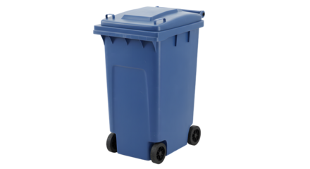 Blue outdoor trash bin with wheels and lid on white background, perfect for waste management and recycling