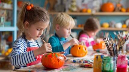Fototapeta premium Kids making Halloween pumpkin crafts