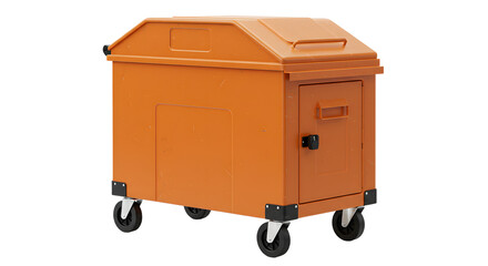 Orange commercial dumpster with wheels isolated on white background for waste management and industrial use