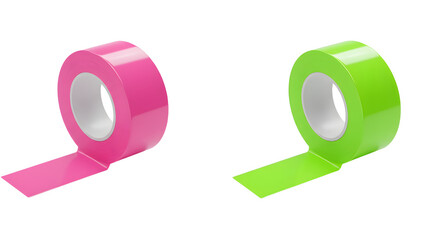 Two rolls of glossy colored adhesive tape in pink and green isolated on white background, perfect for crafts and office use