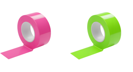 Two rolls of glossy colored adhesive tape in pink and green isolated on white background, perfect for crafts and office use