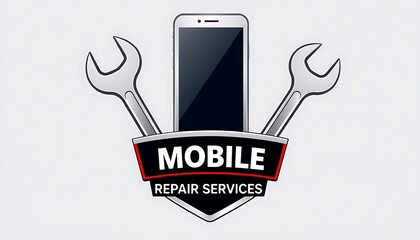 Mobile repair services logo with smartphone and wrenches on light background phone repair